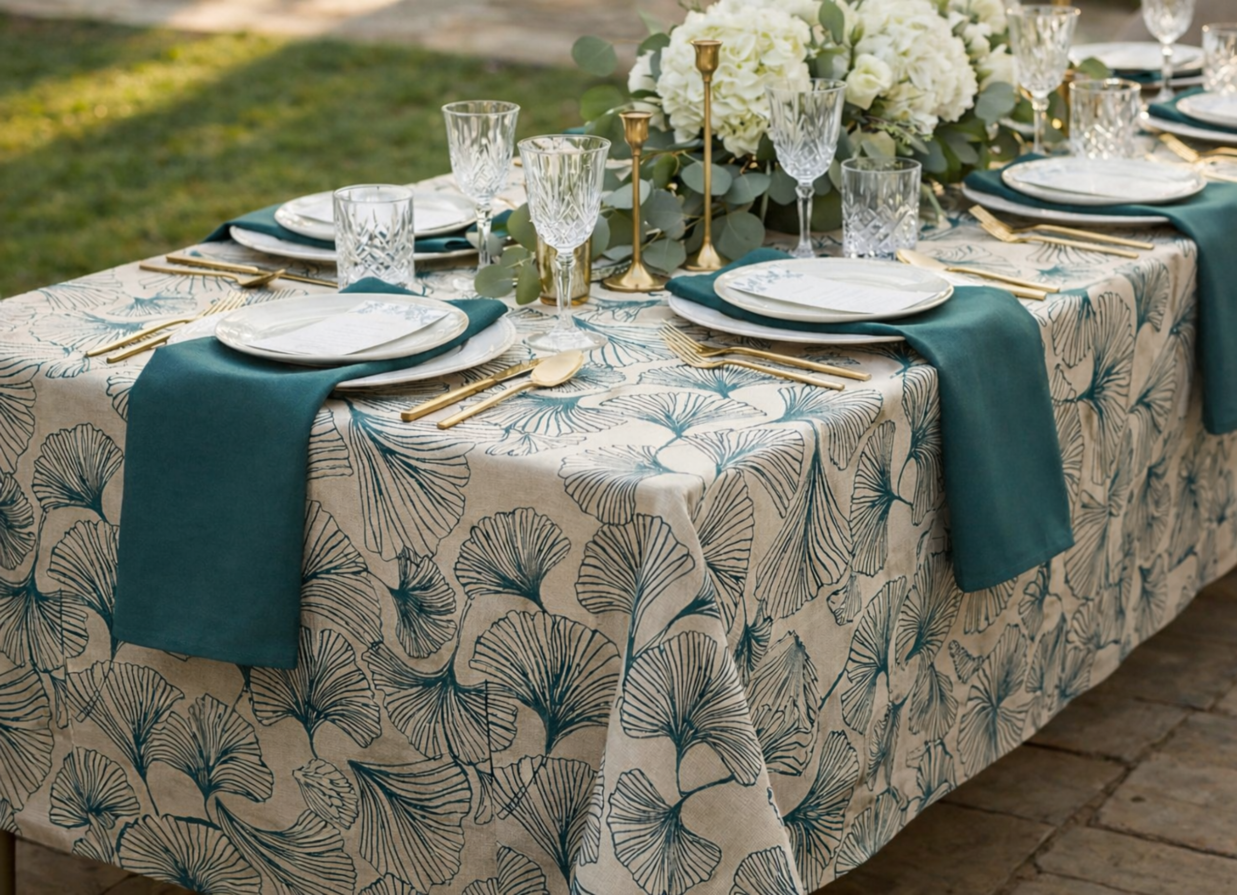 Outdoor dining table set with teal table runner, floral centerpiece, and gold cutlery.